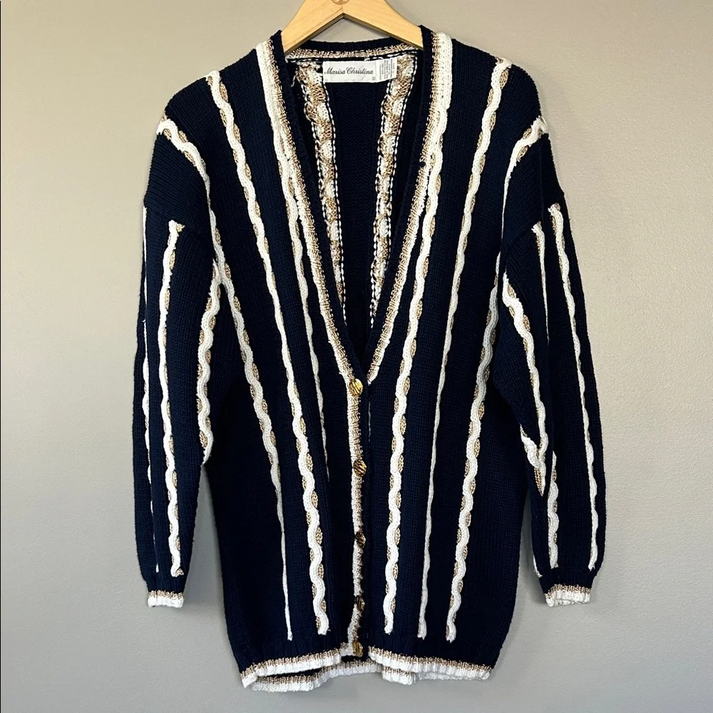 Vintage Marisa Christina Cardigan Size Medium Navy‎ Blue Gold White Nautical